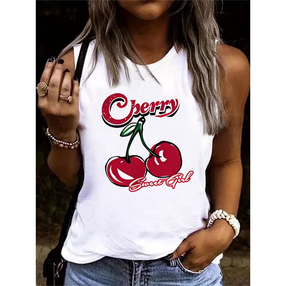 

Cherry pattern printed vest women s sleeveless round neck casual top S