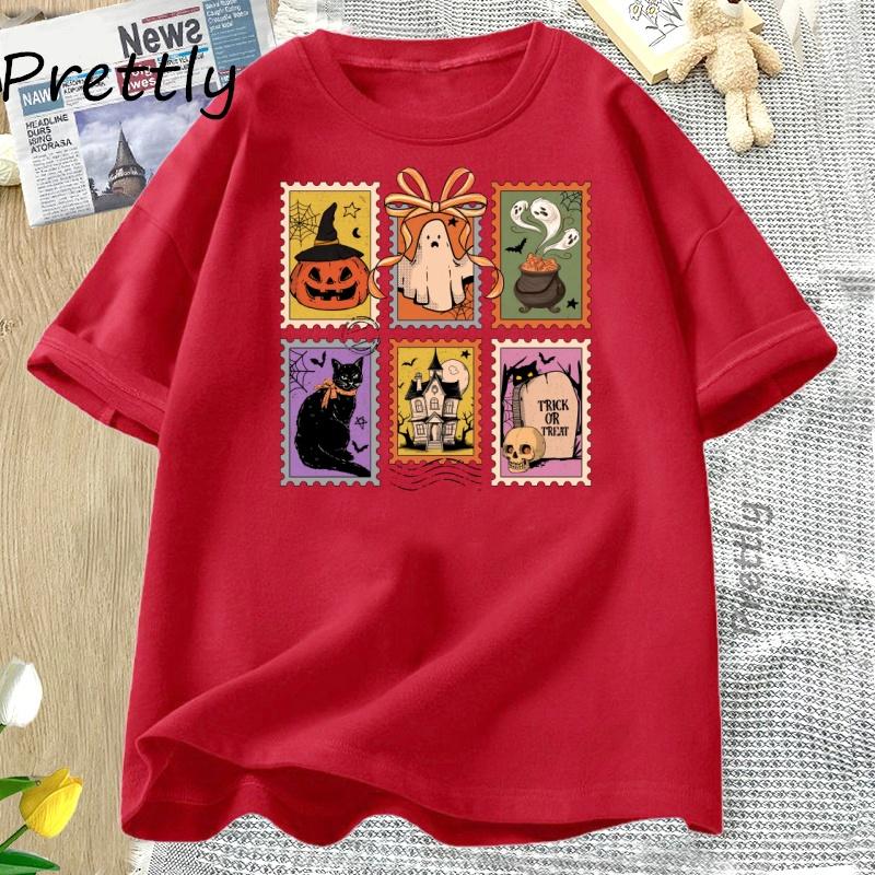 Retro Halloween Cat Ghost T Shirt Girly Halloween Fall Spooky Season Tshirt Pumpkin Spooky Mama Tshirt Casual Short Sleeve S