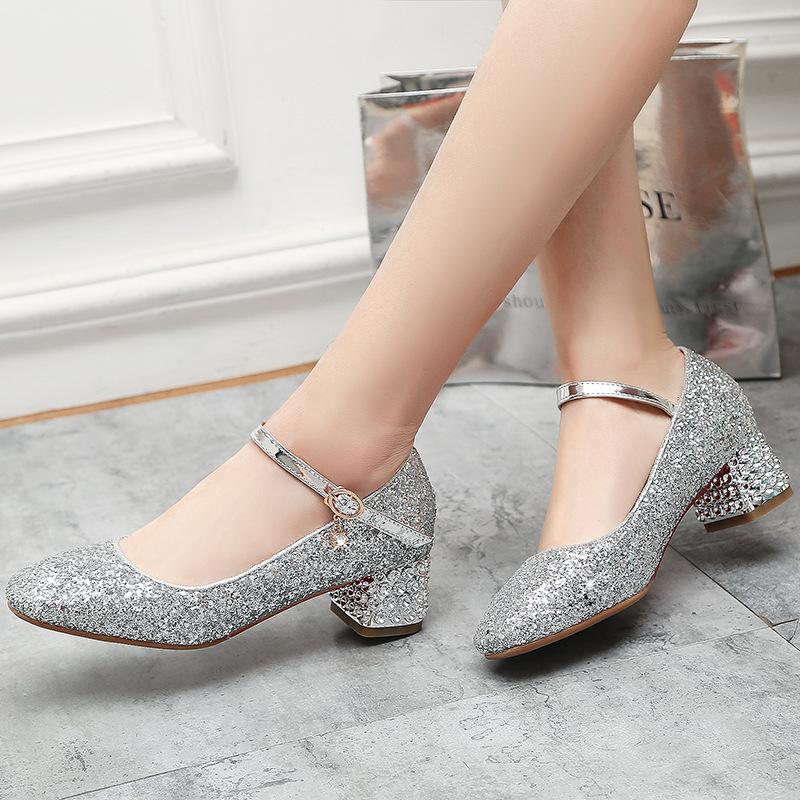 Girls Shoes Children High Heel Glitter Crystal Sandals Fashion Buckle Kids Princess Dance Shoe Student Performance Leather Shoes
