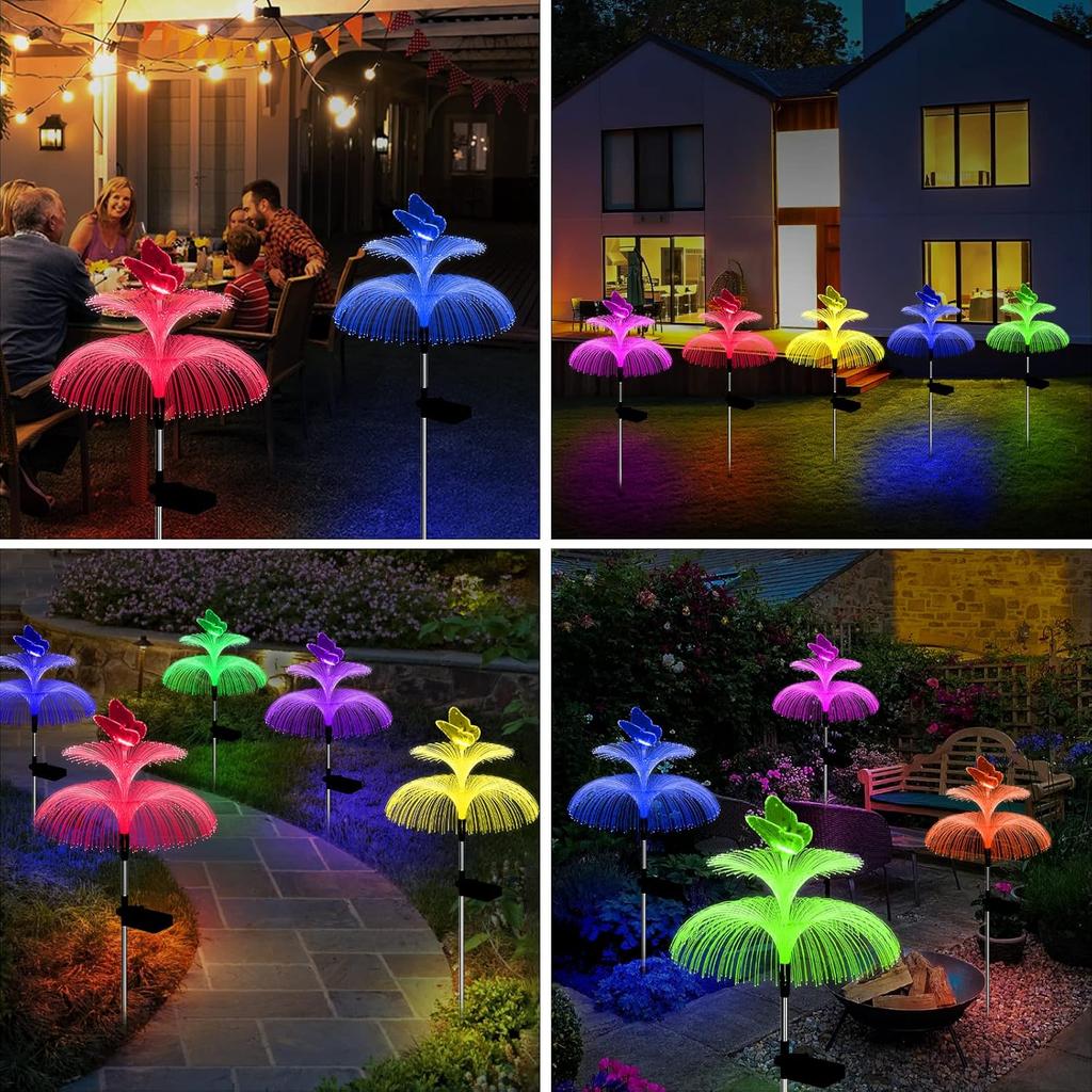 1pc Solar Garden Lights Waterproof Outdoor Decorative 7 Color Changing Double Jellyfish and Butterfly Flower Garden Decor Yard Christmas Pool Outdoor