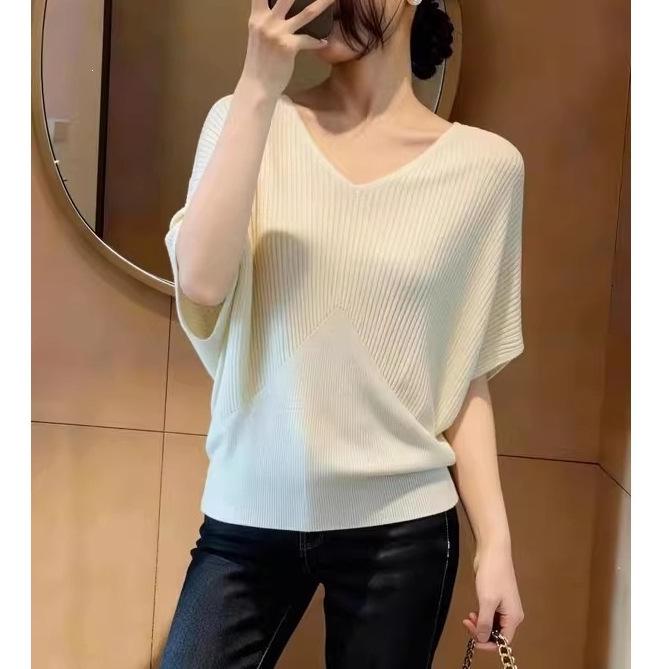 Women's Plus Size Summer Ice Silk Batwing Sleeve Knit T-Shirt - Slim Fit and Solid Color
