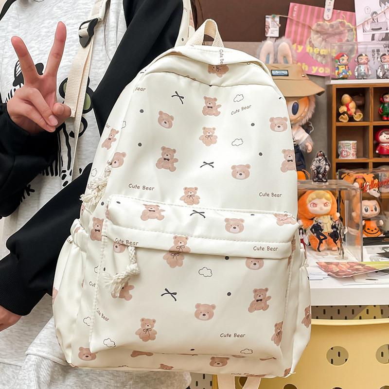 Simple Butterfly Bow And Cartoon Bear Pattern Student Backpack For Casual Use And Commuting
