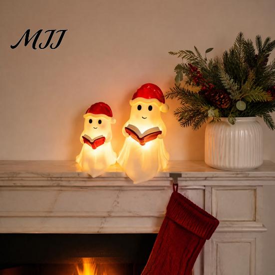 Creative Holiday Gift Ideas Cute Ghost Reading Book Lamp, Christmas Resin Figurine with Santa Hat, Desktop Ornament for Warm Lighted Halloween