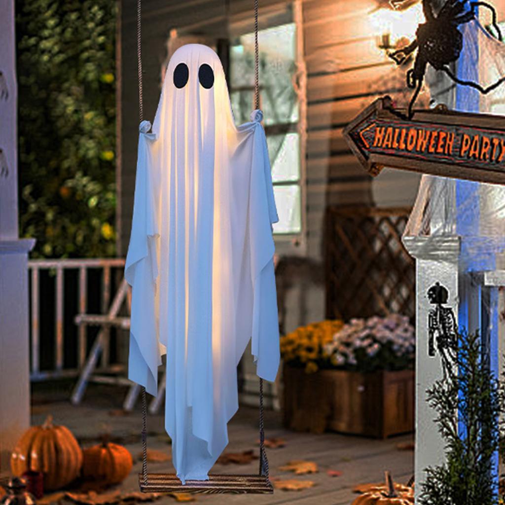 Halloween Hanging Swing Ghost Decor W/ String Lights Outdoor Halloween Decorations Ghosts Decorations for Porch/Yard/Trees