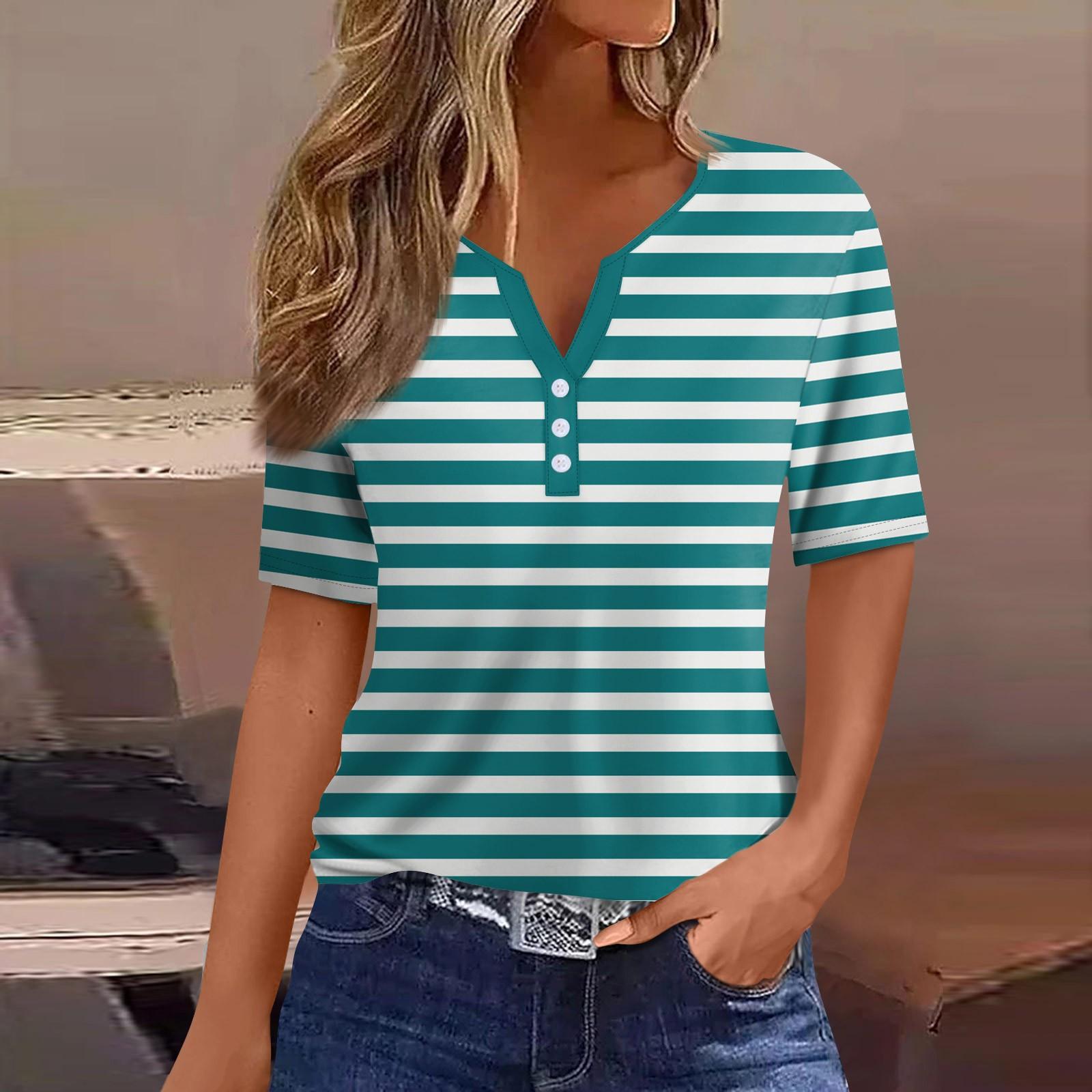 

Женская модная повседневная однотонная полосатая футболка с V-образным вырезом и коротким рукавом с декоративными пуговицами XL