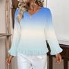 Women's Casual Fashion Ruffled V-Neck Pocket Gradient Print Long Sleeve Top