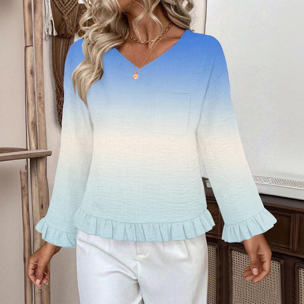 Women's Casual Fashion Ruffled V-Neck Pocket Gradient Print Long Sleeve Top