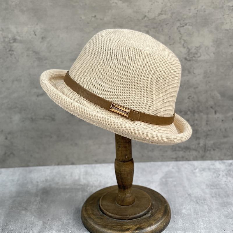 College Style Woven Small Belt Decoration Crimped Basin Hat Women'S British Retro Small Round Hat Fashion Basin Hat