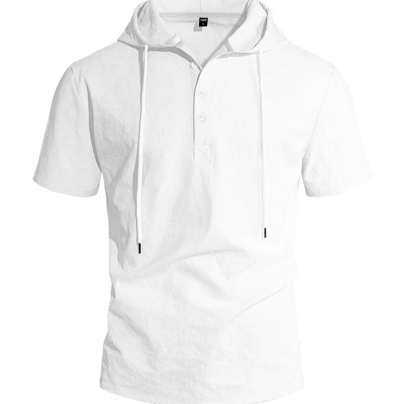 Men s Linen Short-sleeve T-shirt Beach Casual Hooded Shirt Solid Color Short-sleeve Shirt S белый