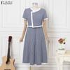ZANZEA Women Plaid Print Casual Round Neck Short Sleeve Dress