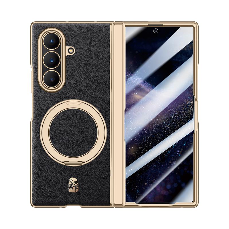 Applicable to Samsung w26 mobile phone case film integrated rotating bracket magnetic suction W26 central axis hinge electroplated business plain lea
