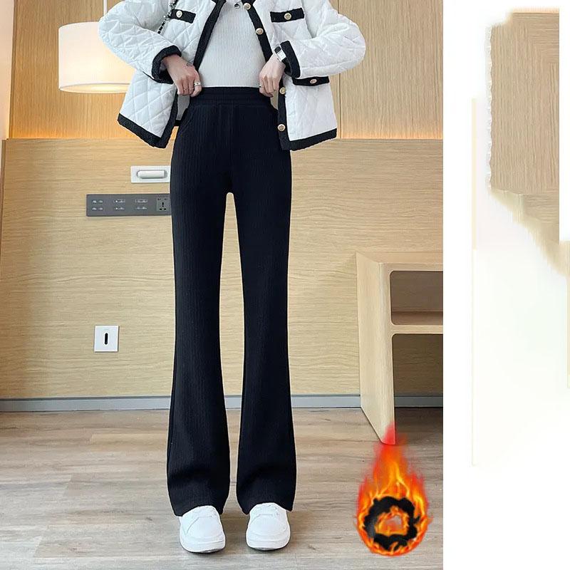 Warm Thicken Plus Velvet Flare Pants Winter Elegant Womens Pantalones Korean Fashion High Waist Slim Plush Lined Trousers 90Cm