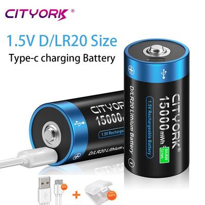 1,5 V, 15.000 mWh, Größe D, wiederaufladbarer Akku, USB-Lade-Lithium-LR20-Akku für Gasherd, Taschenlampe, Warmwasserbereiter mit USB-Kabel