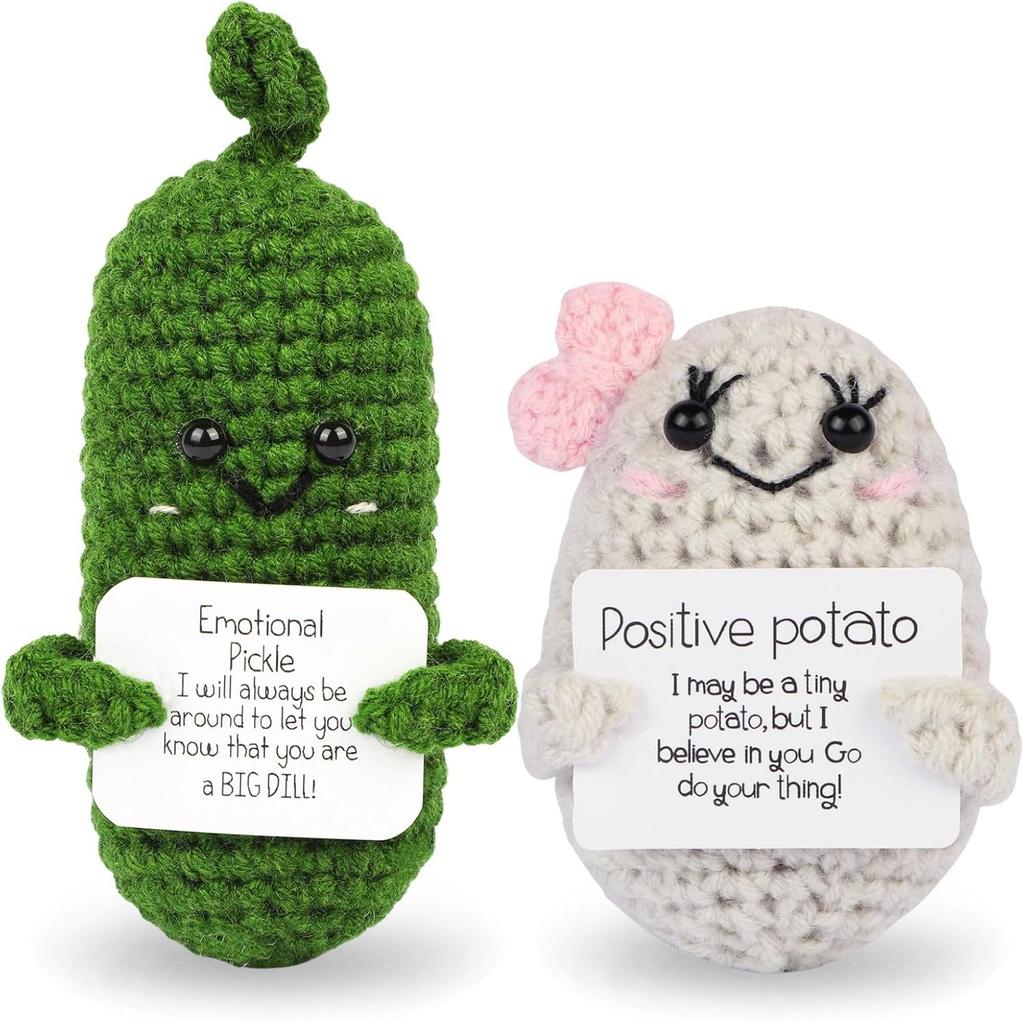 Handmade Emotional Support Pickle Crochet Funny Sour Cucumber Knitted Pickle with Positive Card Cheer up Gift Crochet Home Decor