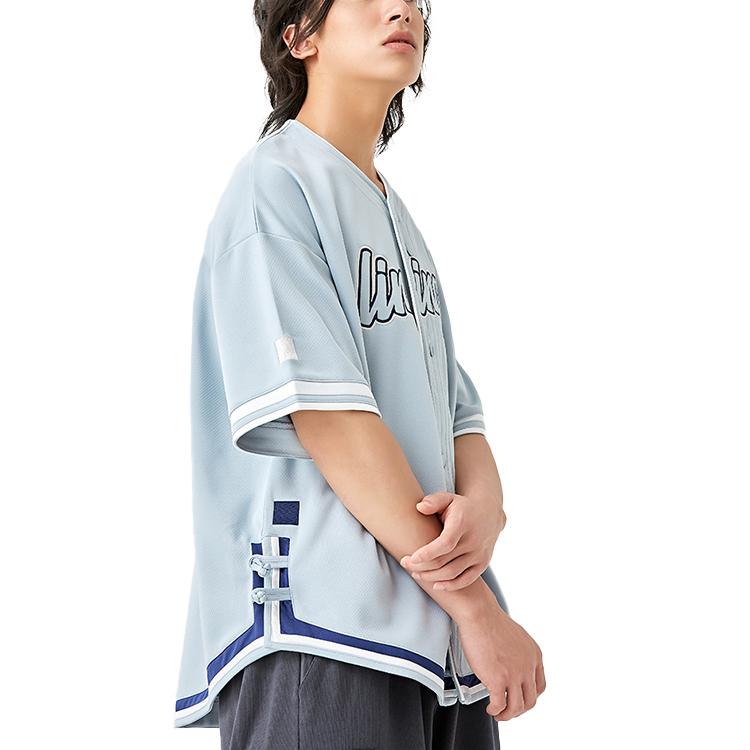 Li Ning Letter Print Baseball Knit Cardigan T-Shirt Men Tops Light-Blue LFDQ015-2
