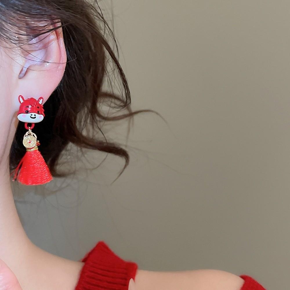 Cartoon Horse Red Pony Earrings Flocking Horse Mascot Drop Earrings New Year Horse Earrings  Girls