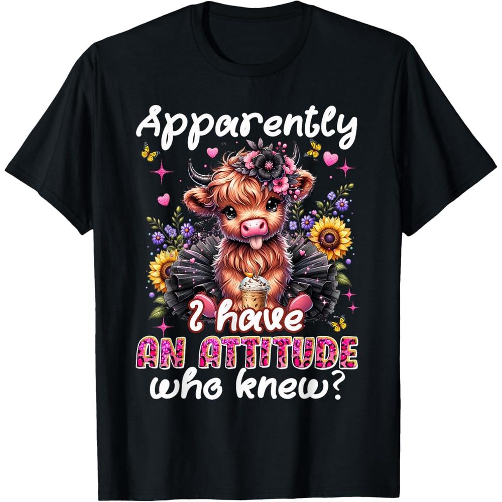Apparently I Have An Attitude Funny Sarcastic Highland Cow T Shirt S чёрный