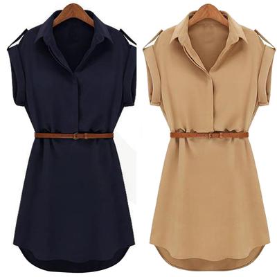 Women Summer OL Dress Short Sleeve Casual Sundress With Belt