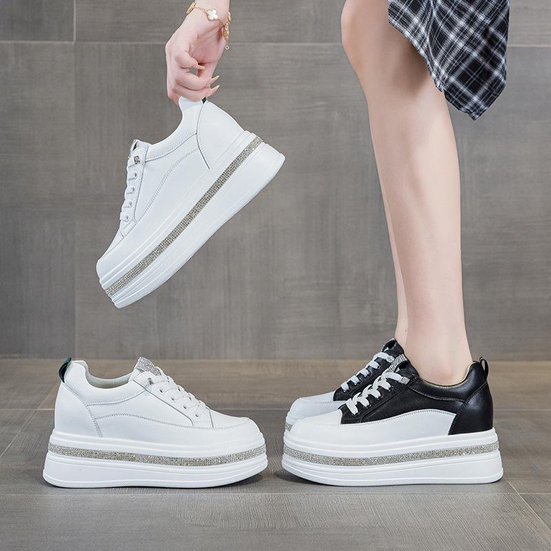 Women's White Platform Sneakers with Rhinestone Elastic Laces - Genuine Leather, Thick Sole, 7cm Height Boost, Lightweight & Versatile.