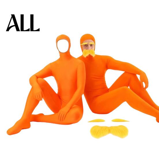 Lustiges Familienkostüm Gesicht Offen Halloween Kostüm, Unisex Ganzkörper Oranger Body mit Bart Langlebiger Cosplay Anzug Augenbrauen für Männer Frauen, Erwachsener