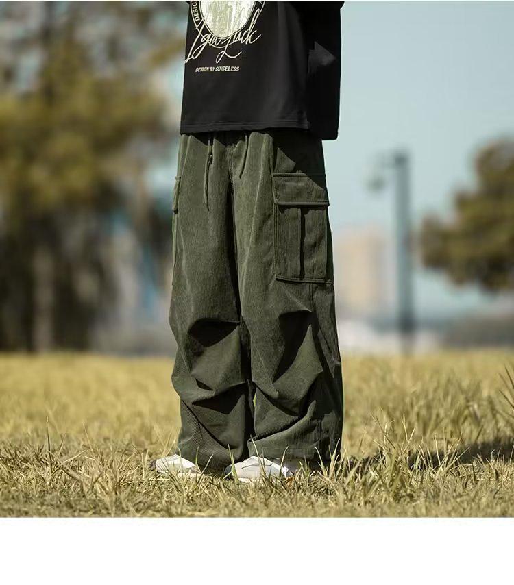Japanese Retro Brown Corduroy Cityboy Men's Drawstring Cargo Pants, Plus Size, for Autumn and Winter.