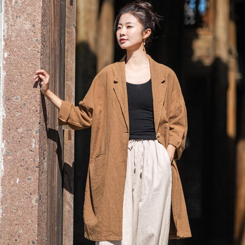 Women's Spring Cotton and Linen Literature and Art Casual Loose Large-format Suit Collar Shirt Women's Linen Distressed Sand Washed Outside
