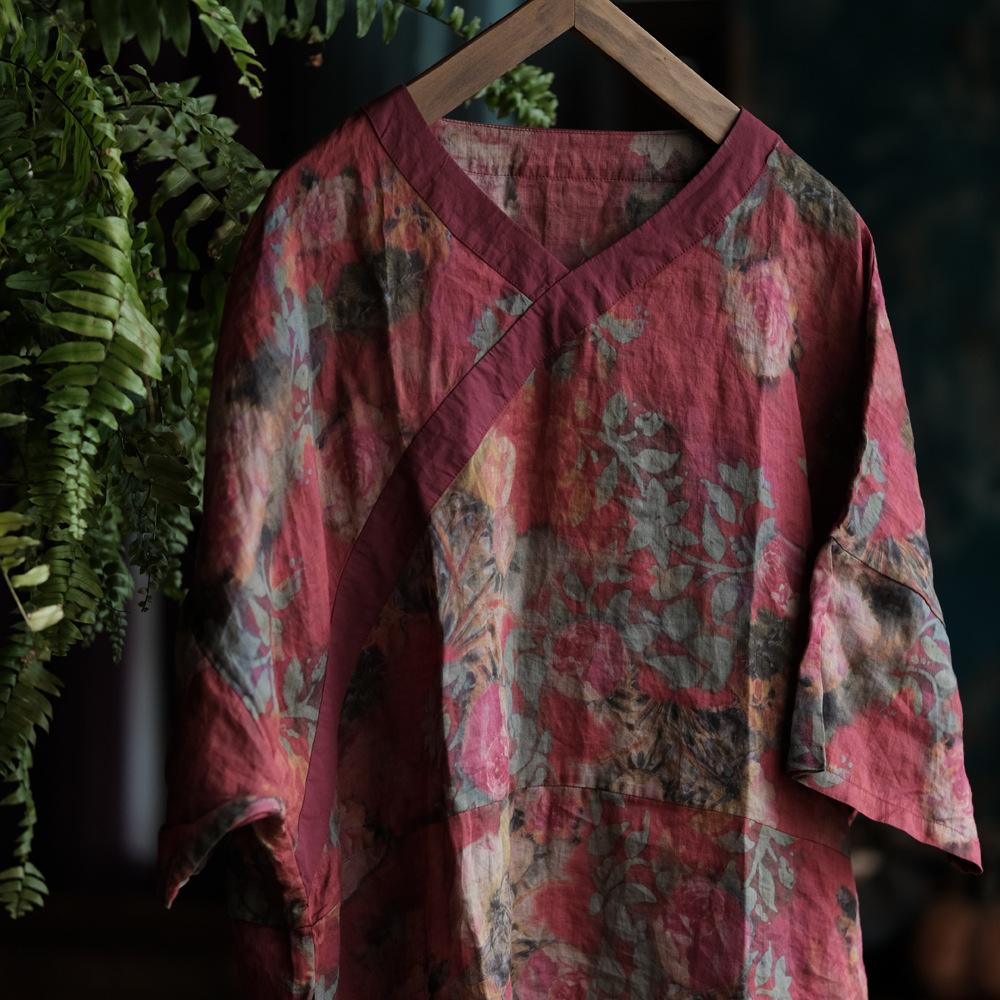 Johnature Damen Vintage Print Blumenkleid V-Ausschnitt Herbst Locker Chinesischer Stil A-Linien-Kleid