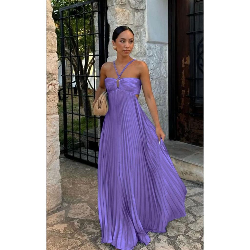A New Summer Solid-color Strapless Pleated Sleeveless Halter Dress