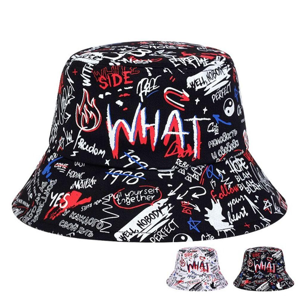 Zealous Sole Women's Black Fashion Hip Hop Bucket Hat Letter Graffiti Adjustable Fisherman Cap Breathable Sun Hats Outdoor