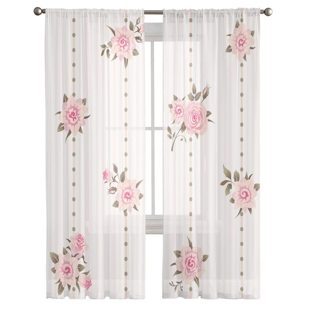 Flower Leaves Red Stripes Plant Round Tulle Curtain for Living Room Kitchen Bedroom Sheer Tulle for Cafe Hotel Modern Home Decor