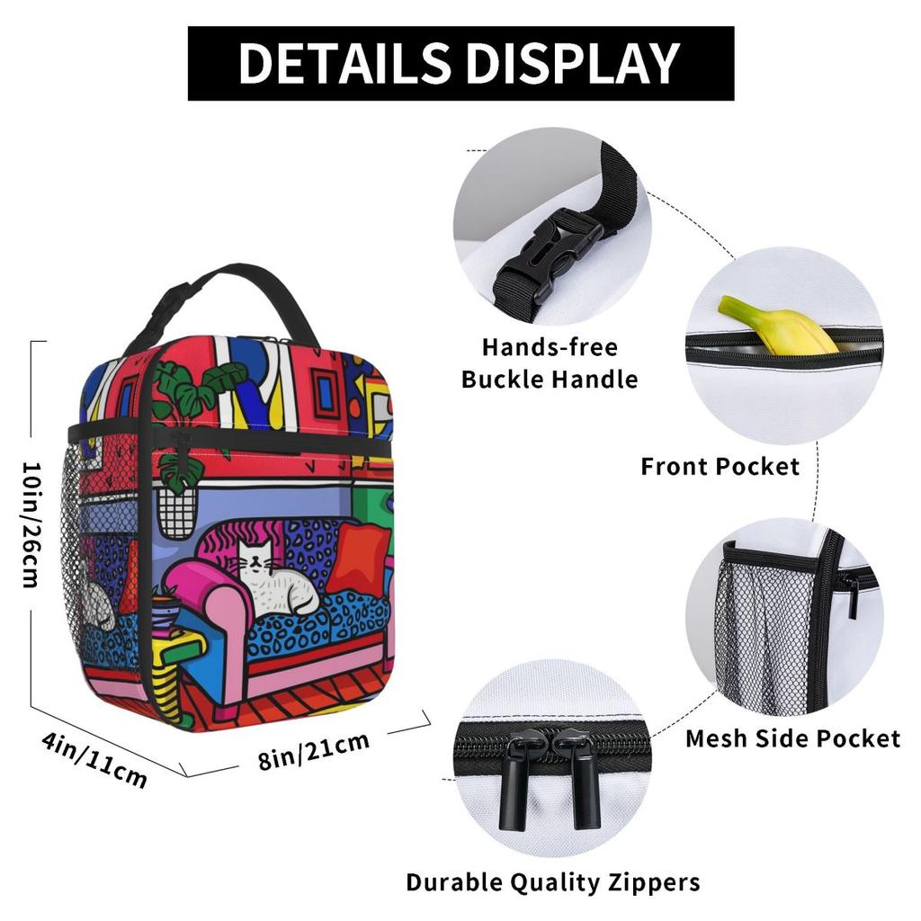 Cartoon Cat In Colour Sofa Insulated Lunch Bag for Kids School Cooler Thermal Food Box Tote Portable Lunch Boxes Container