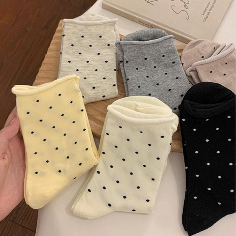 Women's Retro Polka Dot Mid-Calf Cotton Socks with Rolled Cuff