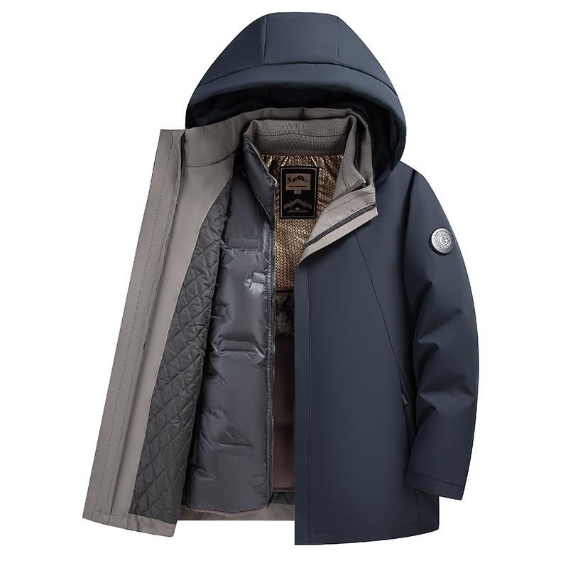 Mens Detachable Inner Liner Down Jacket Winter Warm Hooded Mid-Length Parka Middle-Aged Senior