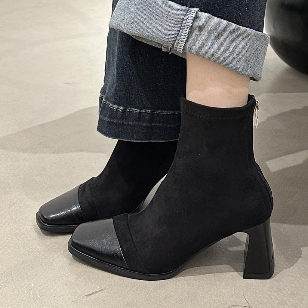 Mode Dicke Ferse Kurze Stiefel Damen 2025 Neues Design Spleißen Quadratischer Kopf Hohe Absätze Damen Herbst und Winter Dünne Stiefel