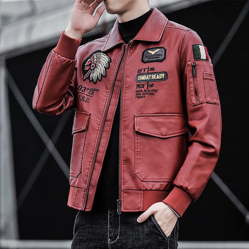 2021 Men's Lapel Embroidered PU Leather Motorcycle Jacket for Spring/Autumn - Casual Trendy Design