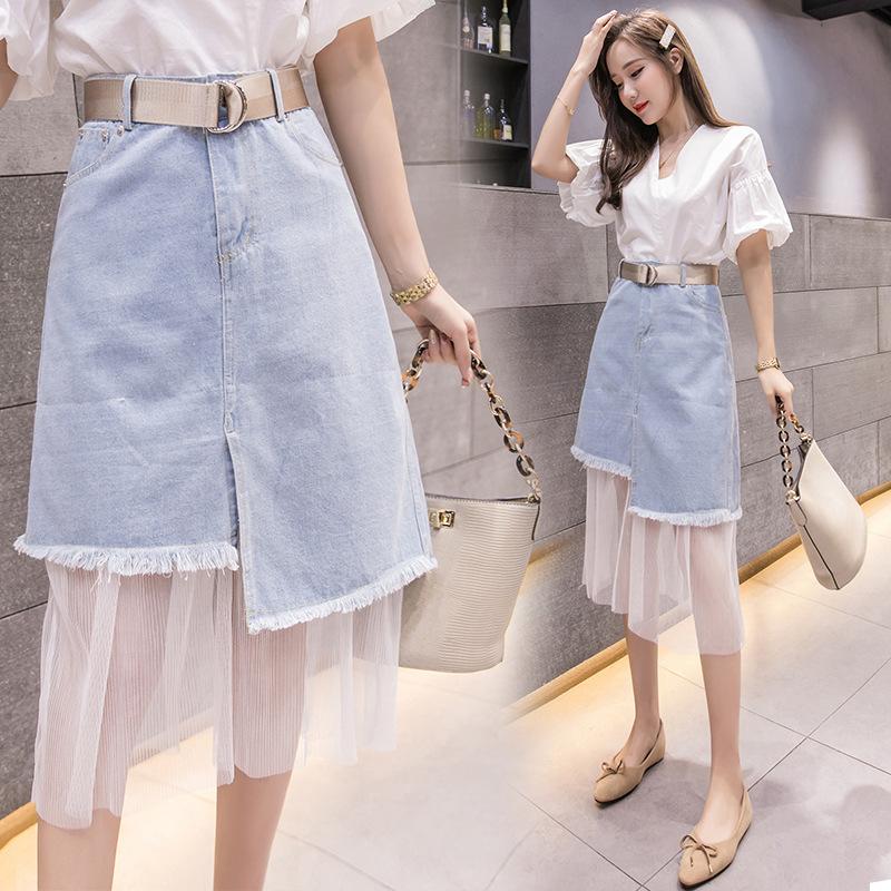 New Splicing Colored Mesh Denim Skirts Ragged Edge Irregular Denim Women's Skirts Mid Length Asymmetric Wrapped Hip Skirt