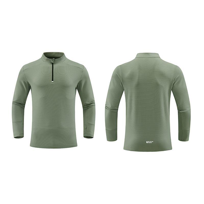 Dijia Men's Quick-Dry Running Pullover: Long-Sleeve, Stand-Up Collar, Half-Zip, Finger Protection for Fitness Training.