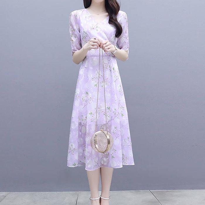 S-3XL Dámské letní luxusní květinové šifonové šaty večerní šaty s krátkým rukávem a výstřihem do V