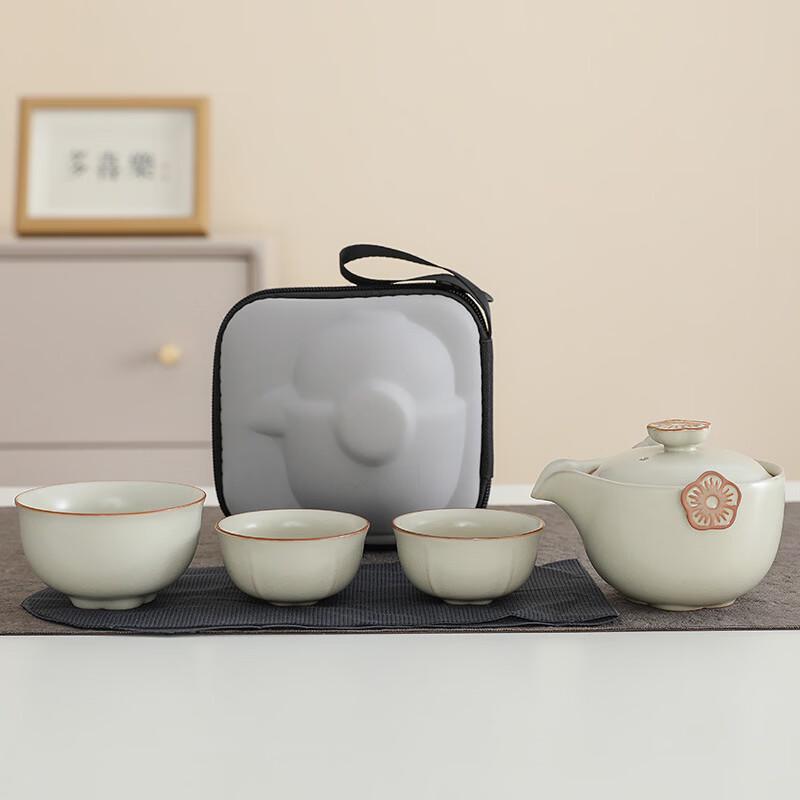 Xiao Ci Xiao Qu Zisha Travel Tea Set with Beige Ru-Style Glaze (1 Pot, 3 Cups)