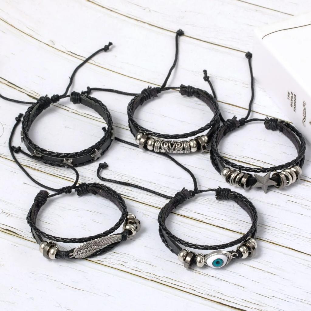 5pcs Evil Eye Wing Star Diy Braided Punk Style Bracelet Set Featuring Pu Leather And Beads