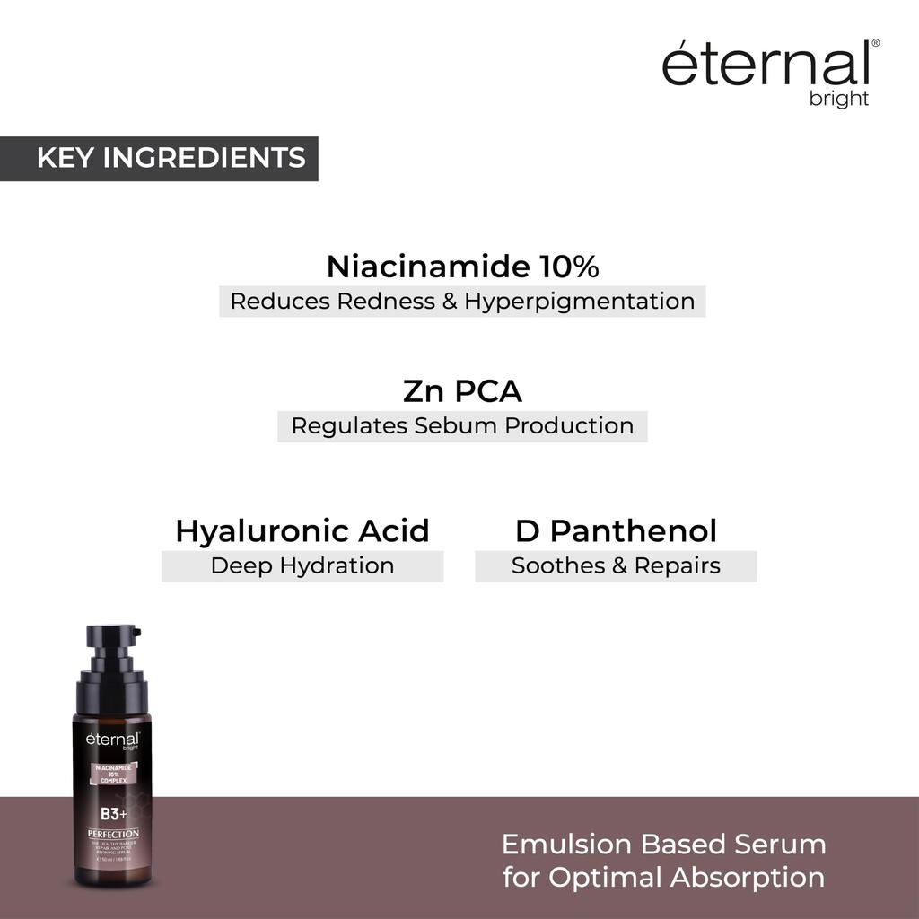 Eternal Bright Niacinamide Serum | 10% Niacinamide + Zink PCA + D-Panthenol | Poriënverfijner, Oliecontrole, Huidbarrière & Acnévlekken | Alle Huidtypes