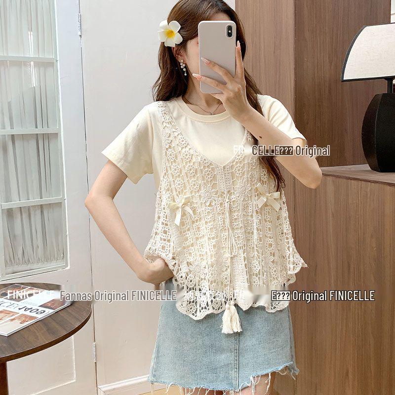 

Bow Lace Crochet Vest & Round Neck Tee Women s Two-Piece Stylish Layering Set XL (Recommended 115-125 jin)