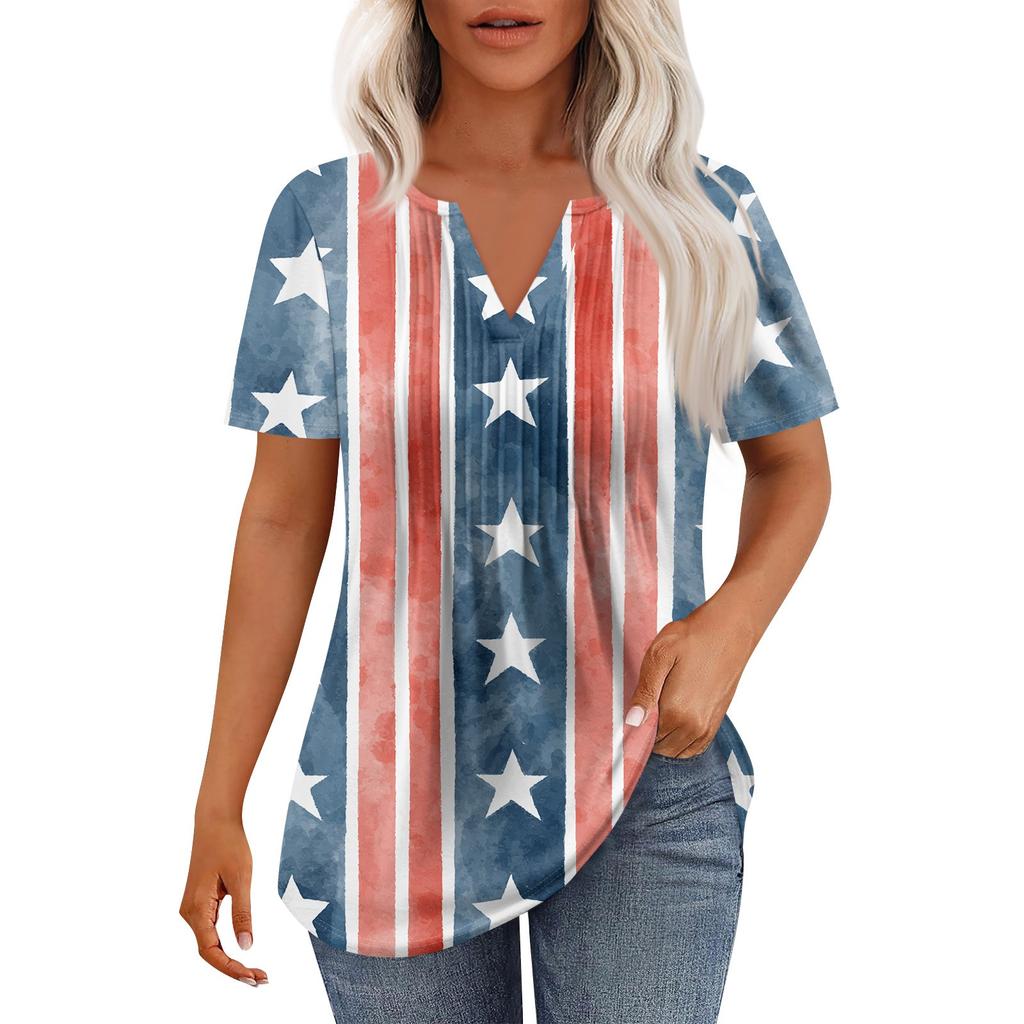 Damenmode Lässig Plissee V-Ausschnitt Kurzarm T-Shirt Tops