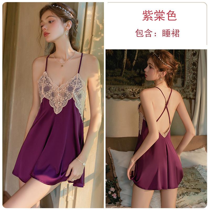 Sexy Cross Backless Deep V Seduction Lace Splicing Satin Nightdress Robe Women's Home Suit