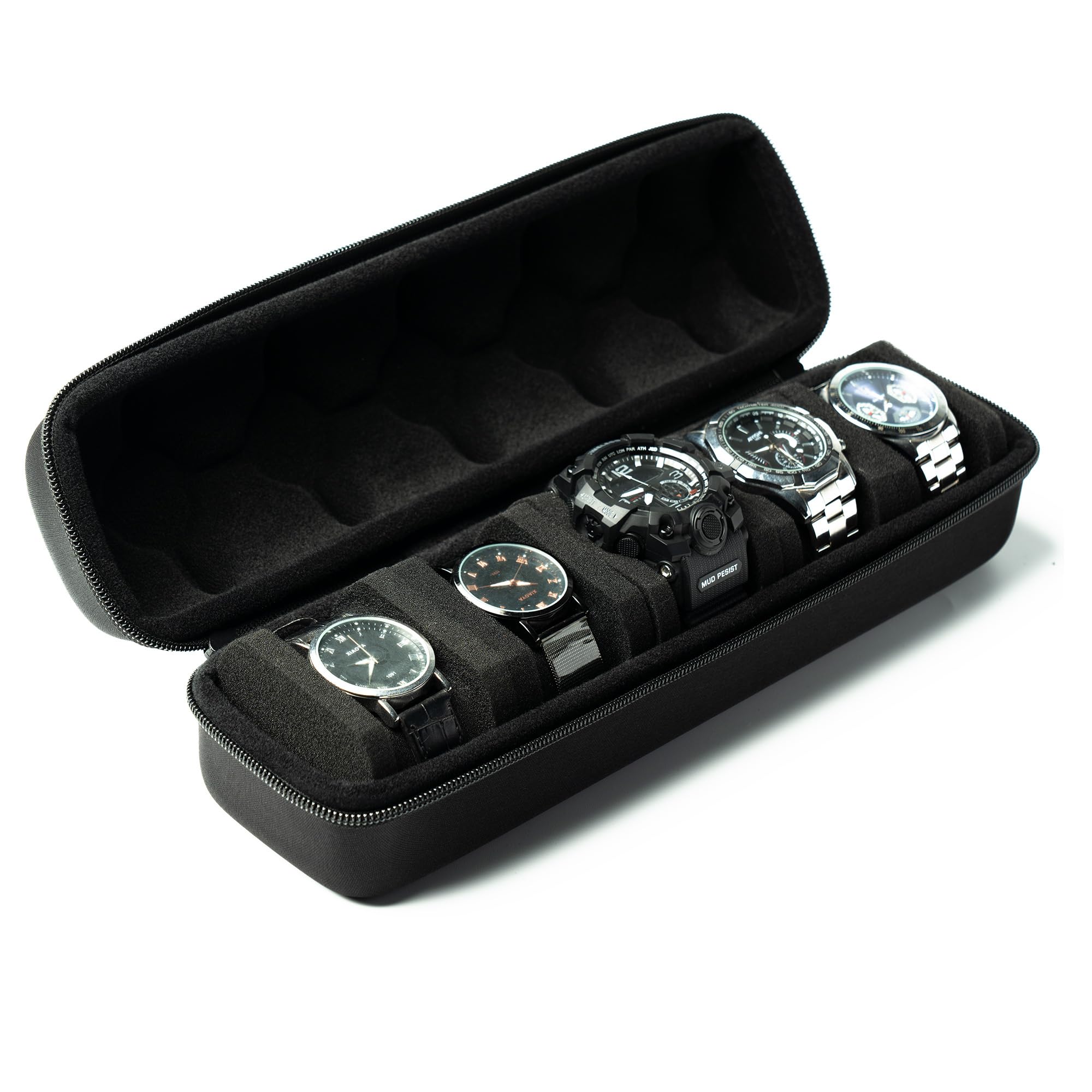 

Hard 5 Slots Men s watch travel organizer case,compact watch box Fits All Wrist Watches&Smart Watches Up to 58mm (Cool Black)