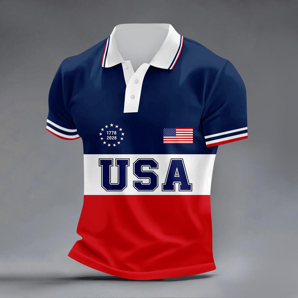 Men’s Short Sleeve Polo Shirt with USA Letter Print Flag Graphic and Striped Design Casual Fit