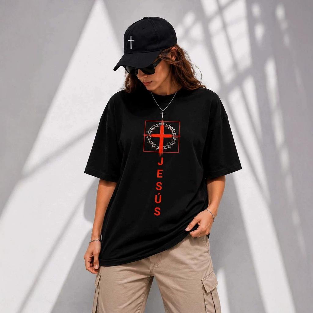 Aith-Based Streetwear Black Oversized T-Shirt Women Crown Of Thorns Jesus Cross Graphic Tee Dark Aesthetic Loose Fit Short Sleeve Top