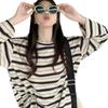 Crew Neck Striped Long Sleeve Shirt Women's Autumn New Design Loose Slimming Casual Student Slit Top