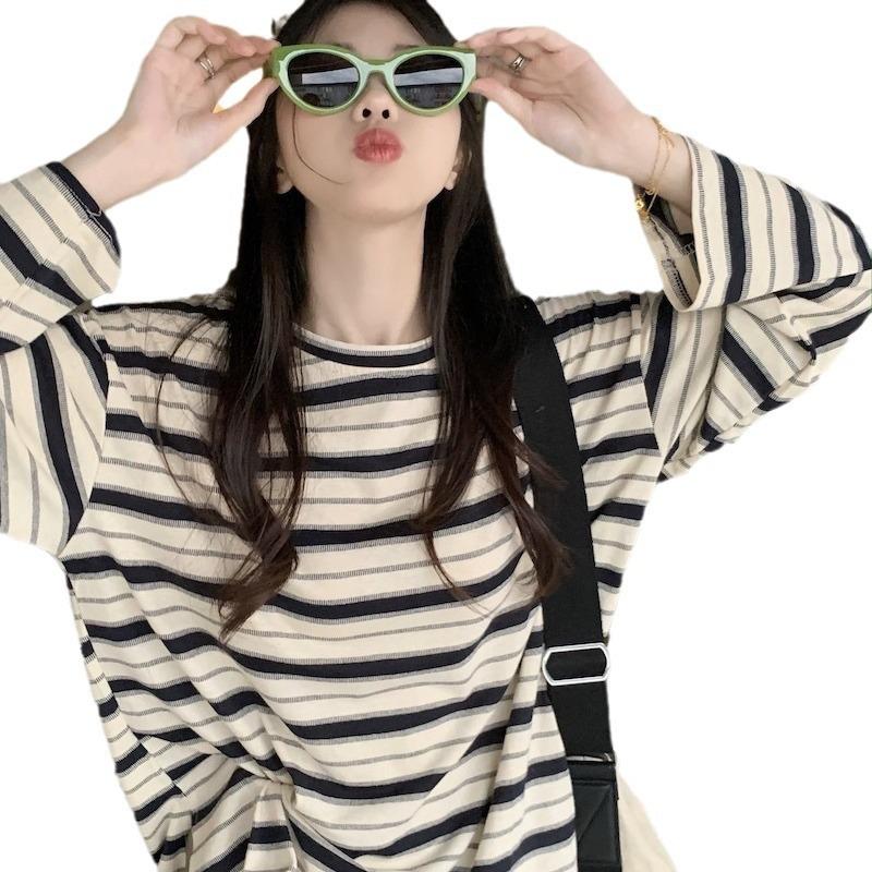 Crew Neck Striped Long Sleeve Shirt Women's Autumn New Design Loose Slimming Casual Student Slit Top