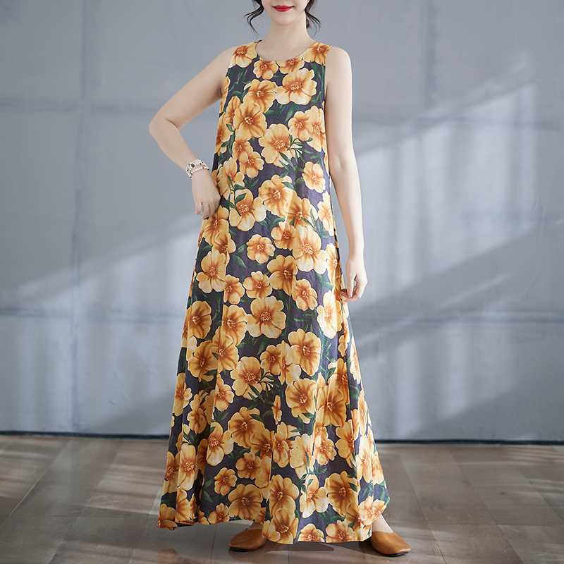 Women's Long Skirt Summer New Round Neck Printed Dress